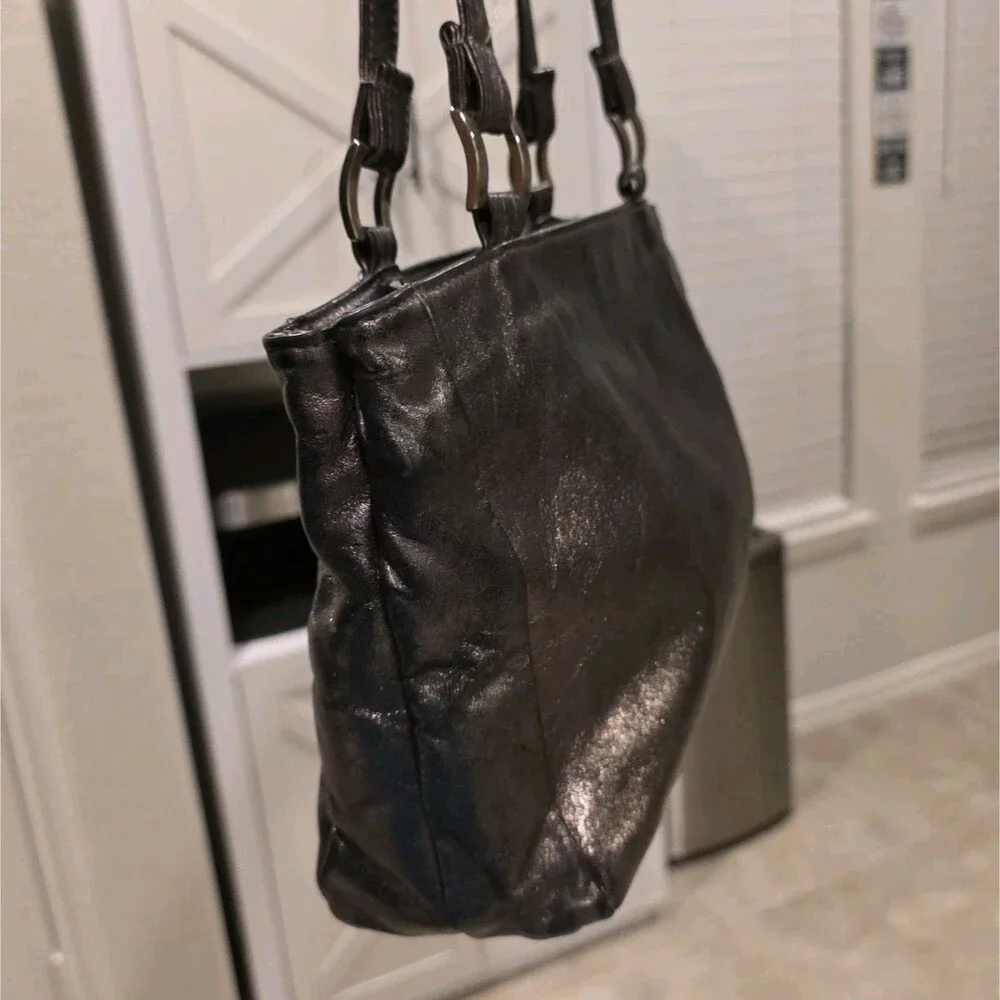 Vintage SHS Metallic Black Textured Leather Multi-Zip Shoulder Bag